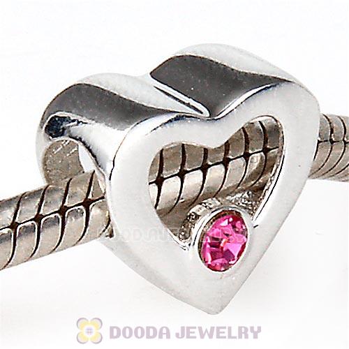 Sterling Silver European Heart Beads with Rose Austrian Crystal