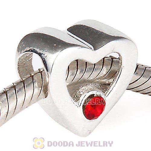 Sterling Silver European Heart Beads with Light Siam Austrian Crystal