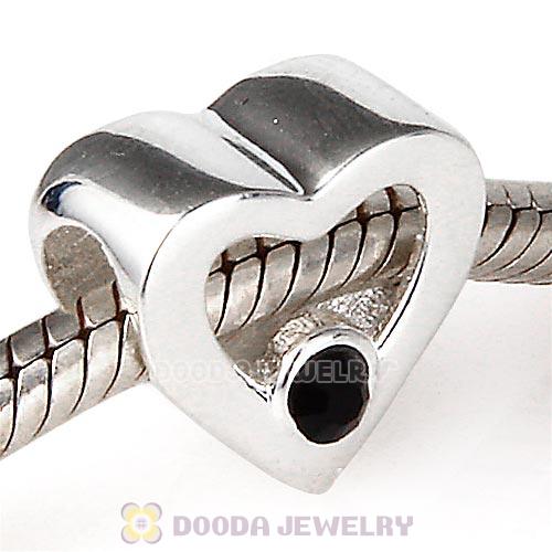 Sterling Silver European Heart Beads with Jet Austrian Crystal