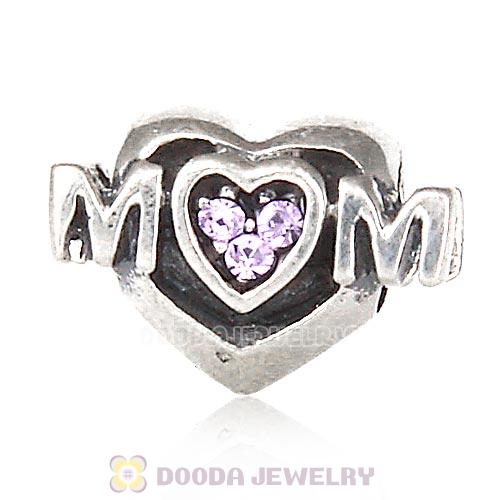 Sterling Silver European MOM Heart Bead with Violet Austrian Crystal