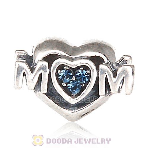 Sterling Silver European MOM Heart Bead with Montana Austrian Crystal