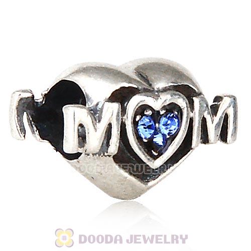 Sterling Silver European MOM Heart Bead with Sapphire Austrian Crystal