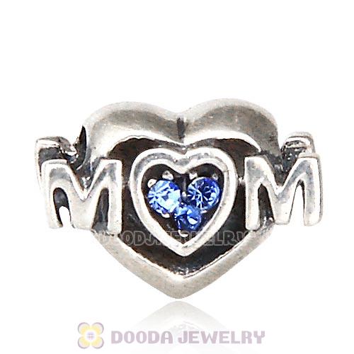 Sterling Silver European MOM Heart Bead with Sapphire Austrian Crystal