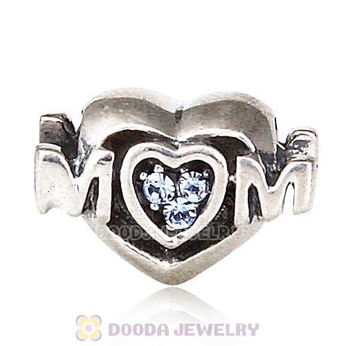 Sterling Silver European MOM Heart Bead with Light Sapphire Austrian Crystal