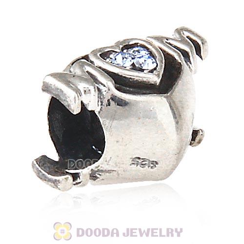 Sterling Silver European MOM Heart Bead with Light Sapphire Austrian Crystal