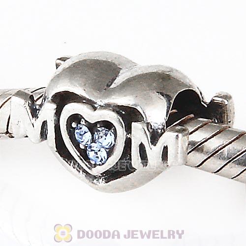 Sterling Silver European MOM Heart Bead with Light Sapphire Austrian Crystal