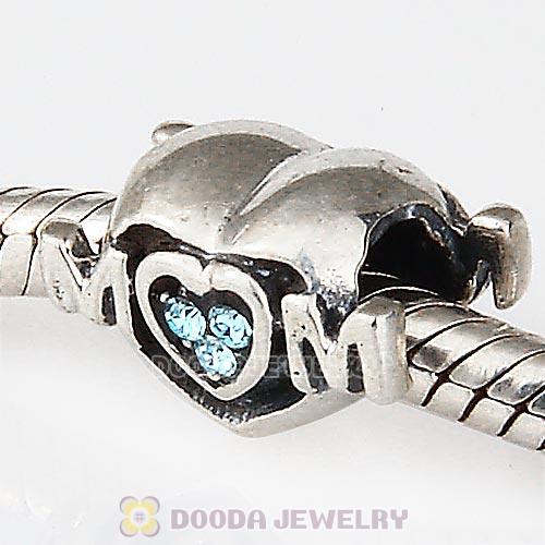 Sterling Silver European MOM Heart Bead with Aquamarine Austrian Crystal