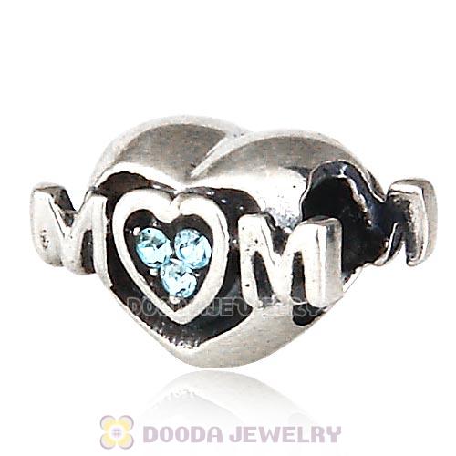 Sterling Silver European MOM Heart Bead with Aquamarine Austrian Crystal