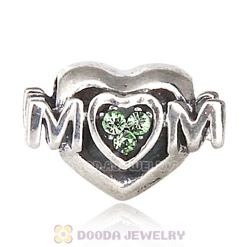 Sterling Silver European MOM Heart Bead with Peridot Austrian Crystal