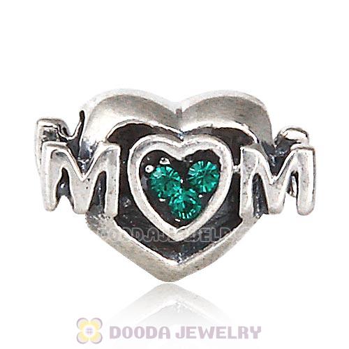Sterling Silver European MOM Heart Bead with Emerald Austrian Crystal
