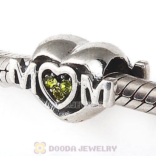 Sterling Silver European MOM Heart Bead with Olivine Austrian Crystal
