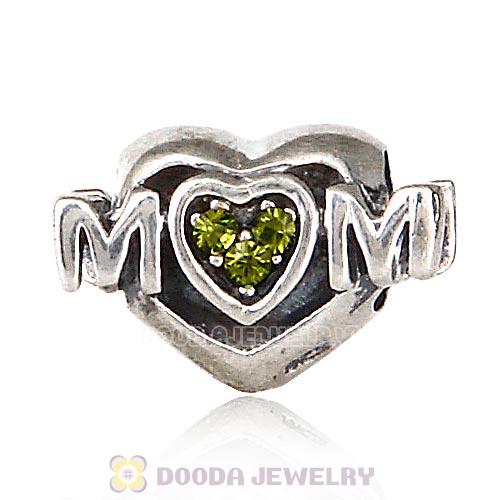 Sterling Silver European MOM Heart Bead with Olivine Austrian Crystal