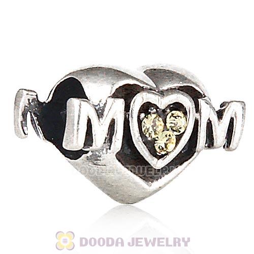 Sterling Silver European MOM Heart Bead with Jonquil Austrian Crystal