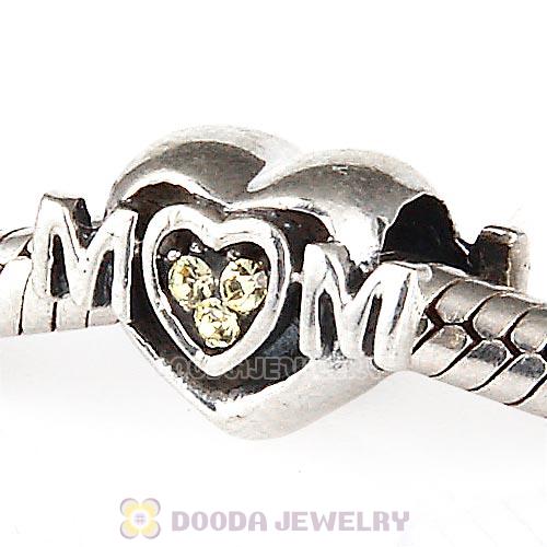 Sterling Silver European MOM Heart Bead with Jonquil Austrian Crystal
