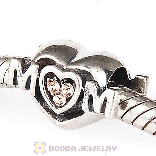 Sterling Silver European MOM Heart Bead with Light Peach Austrian Crystal