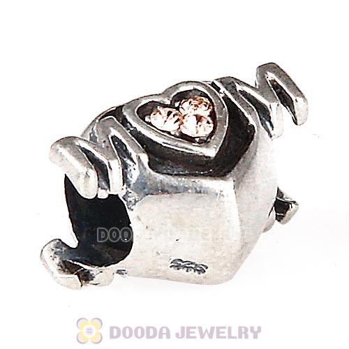 Sterling Silver European MOM Heart Bead with Light Peach Austrian Crystal