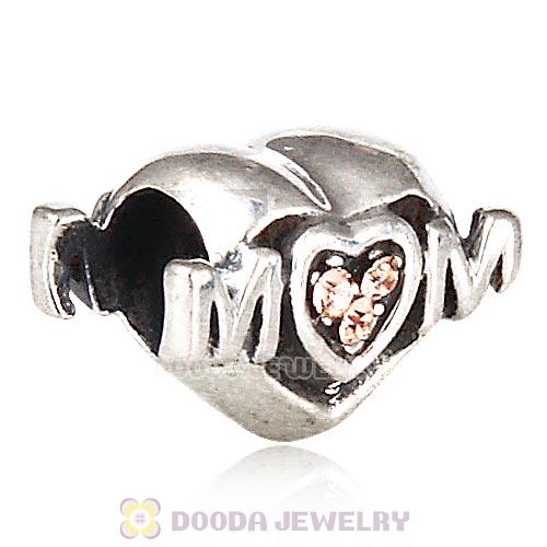 Sterling Silver European MOM Heart Bead with Light Peach Austrian Crystal