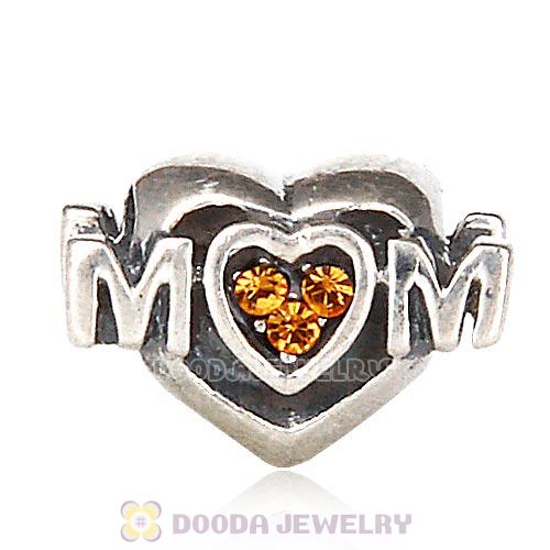 Sterling Silver European MOM Heart Bead with Topaz Austrian Crystal