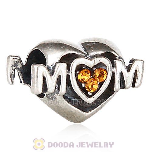 Sterling Silver European MOM Heart Bead with Topaz Austrian Crystal