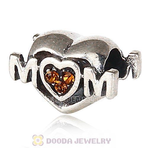 Sterling Silver European MOM Heart Bead with Smoked Topaz Austrian Crystal
