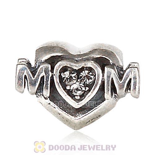 Sterling Silver European MOM Heart Bead with Black Diamond Austrian Crystal