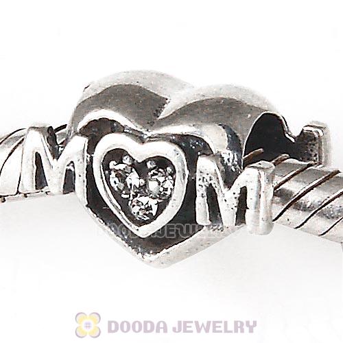 Sterling Silver European MOM Heart Bead with Black Diamond Austrian Crystal