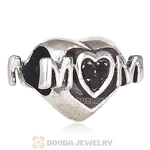 Sterling Silver European MOM Heart Bead with Jet Austrian Crystal
