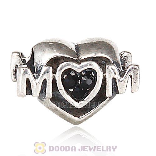Sterling Silver European MOM Heart Bead with Jet Austrian Crystal