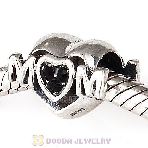 Sterling Silver European MOM Heart Bead with Jet Austrian Crystal
