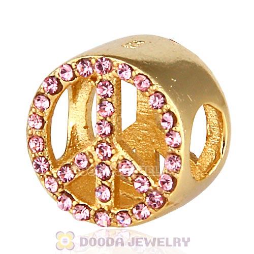 Gold Plated Sterling Silver Peace Button Beads with Light Rose Austrian Crystal