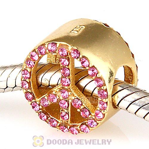 Gold Plated Sterling Silver Peace Button Beads with Rose Austrian Crystal