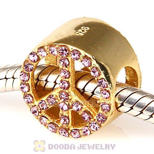 Gold Plated Sterling Silver Peace Button Beads with Light Amethyst Austrian Crystal