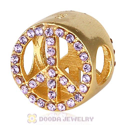 Gold Plated Sterling Silver Peace Button Beads with Violet Austrian Crystal