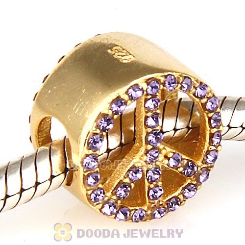Gold Plated Sterling Silver Peace Button Beads with Tanzanite Austrian Crystal