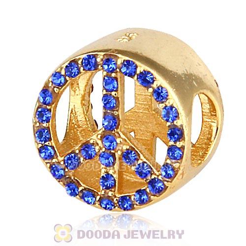 Gold Plated Sterling Silver Peace Button Beads with Sapphire Austrian Crystal