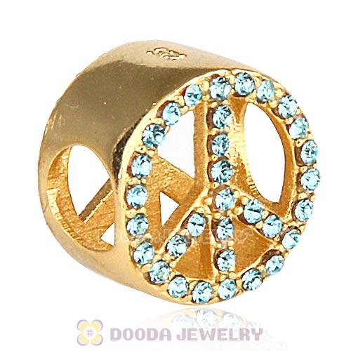 Gold Plated Sterling Silver Peace Button Beads with Aquamarine Austrian Crystal