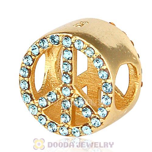 Gold Plated Sterling Silver Peace Button Beads with Aquamarine Austrian Crystal