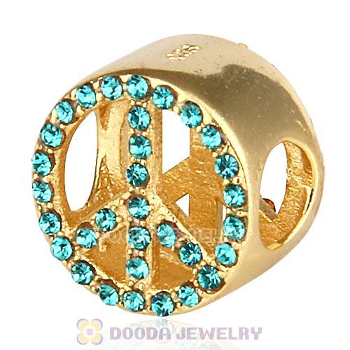 Gold Plated Sterling Silver Peace Button Beads with Blue Zircon Austrian Crystal
