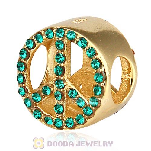 Gold Plated Sterling Silver Peace Button Beads with Emerald Austrian Crystal