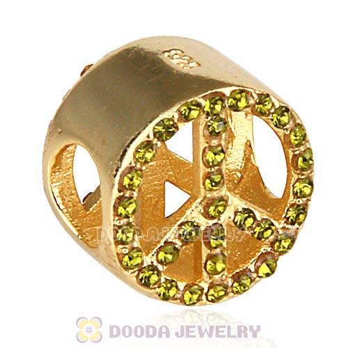 Gold Plated Sterling Silver Peace Button Beads with Olivine Austrian Crystal