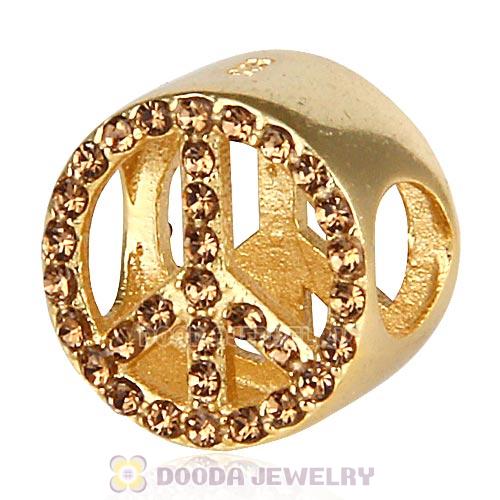 Gold Plated Sterling Silver Peace Button Beads with Smoked Topaz Austrian Crystal