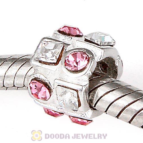 Sterling Silver Beads with Circle Light Rose Square Clear Austrian Crystal