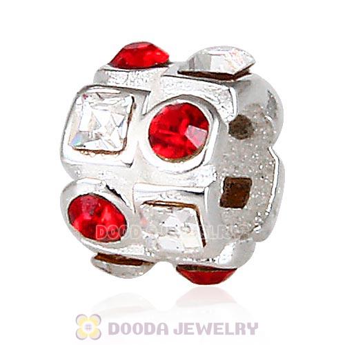 Sterling Silver Beads with Circle Light Siam Square Clear Austrian Crystal