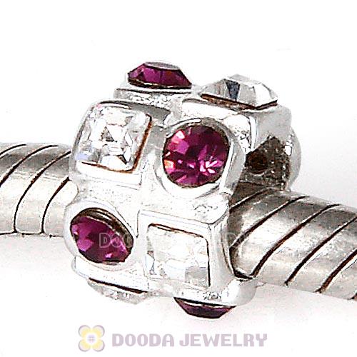 Sterling Silver Beads with Circle Amethyst Square Clear Austrian Crystal