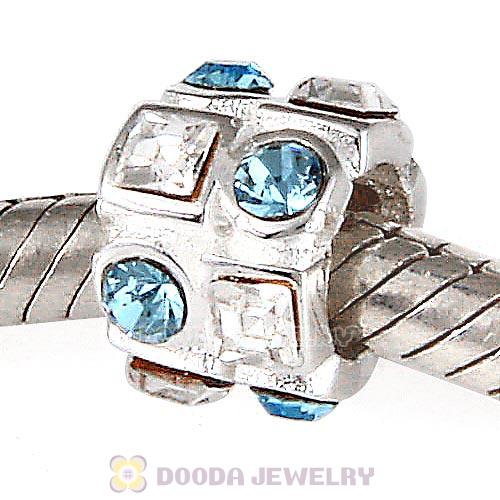 Sterling Silver Beads with Circle Aquamarine Square Clear Austrian Crystal