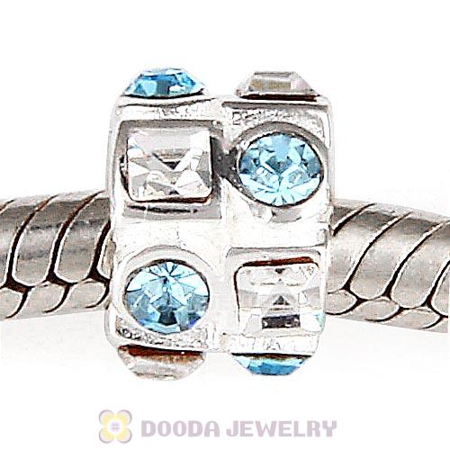 Sterling Silver Beads with Circle Aquamarine Square Clear Austrian Crystal