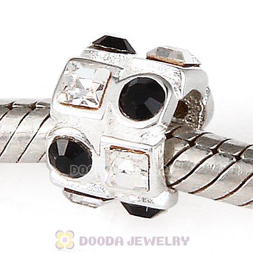 Sterling Silver Beads with Circle Jet Square Clear Austrian Crystal