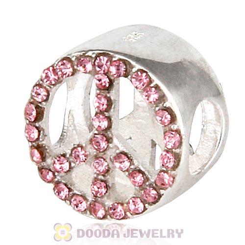 Sterling Silver Peace Button Beads with Light Rose Austrian Crystal