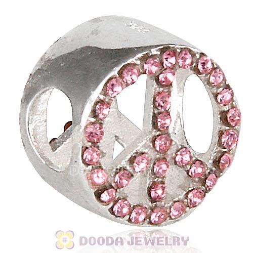 Sterling Silver Peace Button Beads with Light Rose Austrian Crystal