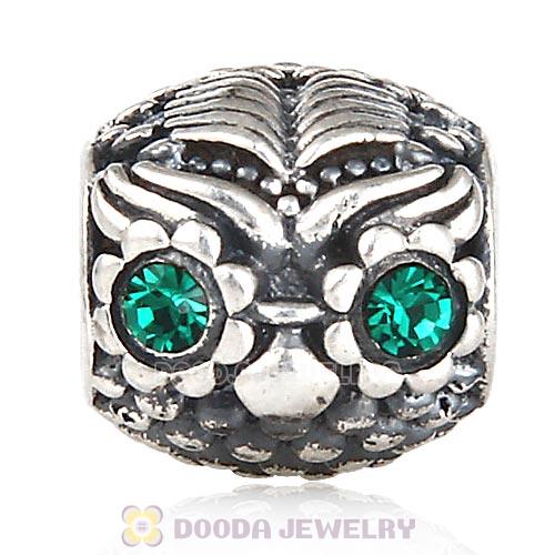 Sterling Silver Wise Owl Charm Beads with Emerald Austrian Crystal